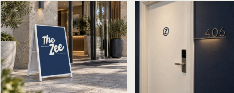 The Zee entrance sign and room number signage